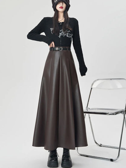 Vintage PU leather women midi skirts Y2K Autumn high waist Streetwear with belt pleated Skirt female elegant Solid A line skirts