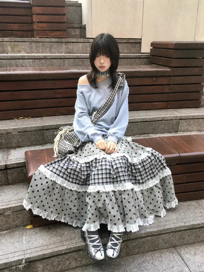Japanese Elegant Retro Plaid Wave Point Skirts Women Lace Patchwork Ruffles A-line Skirts Harajuku Design Korean Popular Clothes