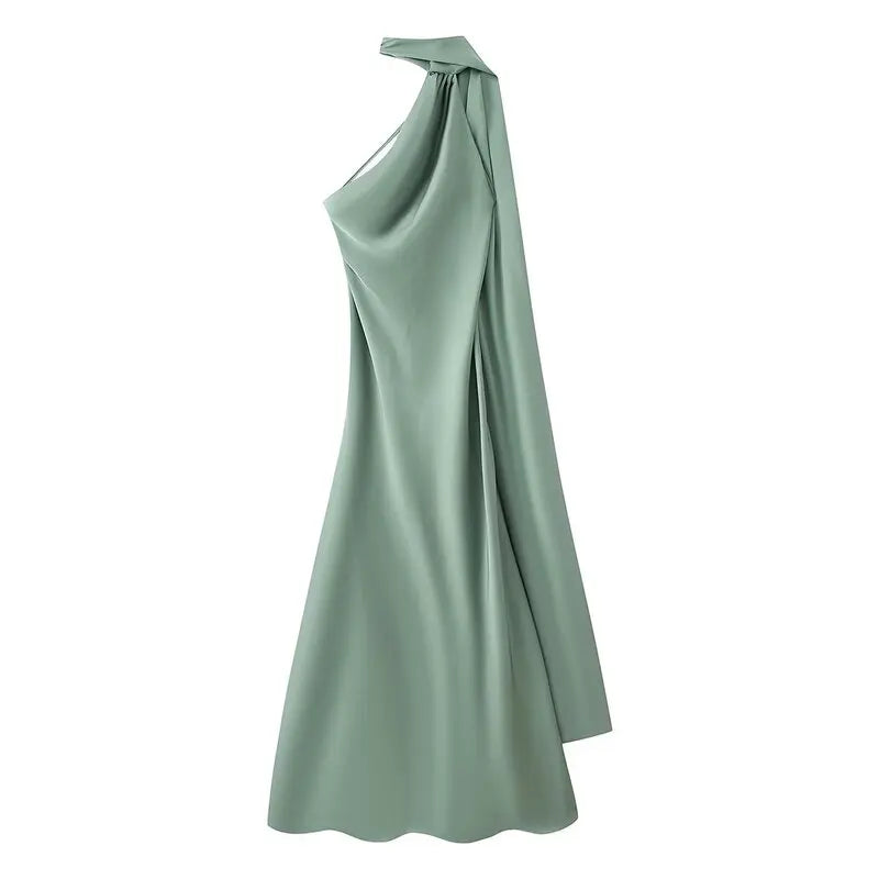 Elegant Long Silk Satin Dress Neck Hanging Pure Color Slim Fit Summer New Fashion Women's Dress City Commuting Casual Wedding