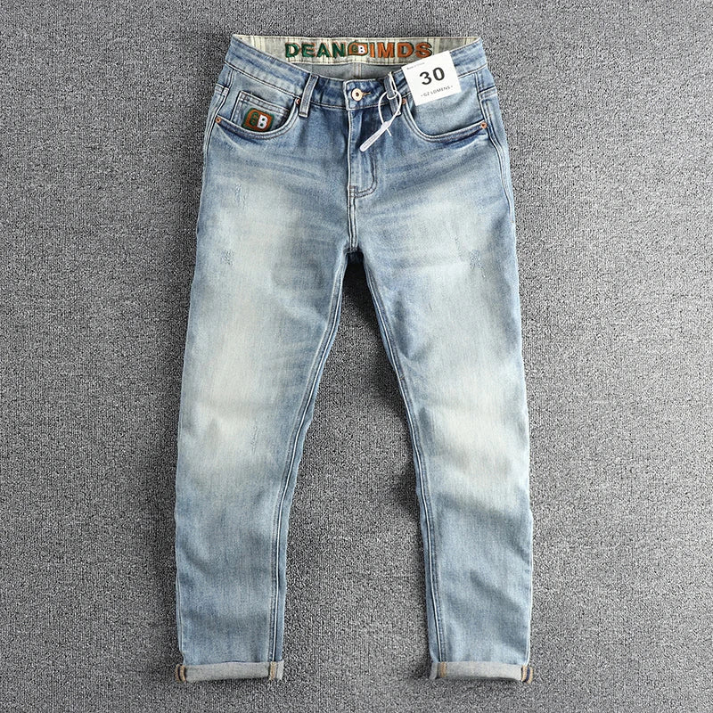New wash light blue ground white jeans men's spring American fashion brand small straight leg retro casual youth pants