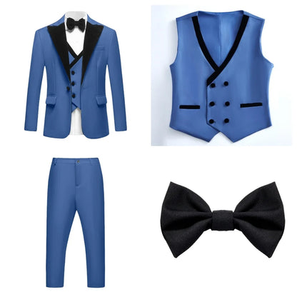 Slim Fit Formal Tuxedo Suit Chidren Graduation Suit Set for Boys, Velvet Peak Lapel Jacket Vest Pants Bow-tie 4-Piece Set