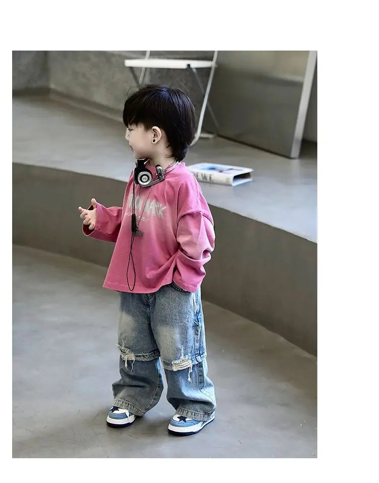 2pcs Set Children's Clothing 2026 Boy Spring Autumn New Korean Version Pink Gradient Base Shirt Fashion Personalized Denim Pants
