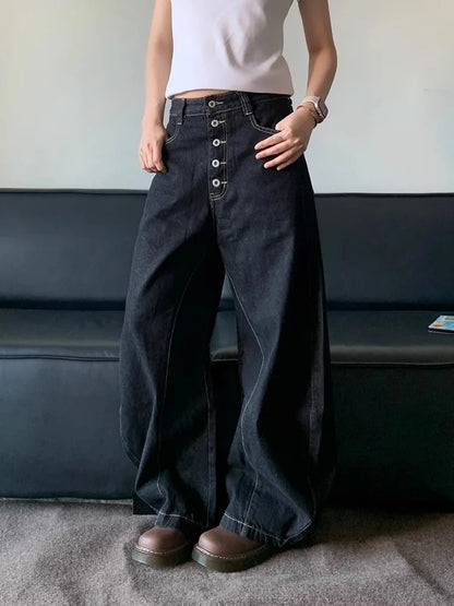 American Retro High Street Button Design Bootcu Bla Knife  Wide Leg Loose Long Jeans for Men And Women Trendy