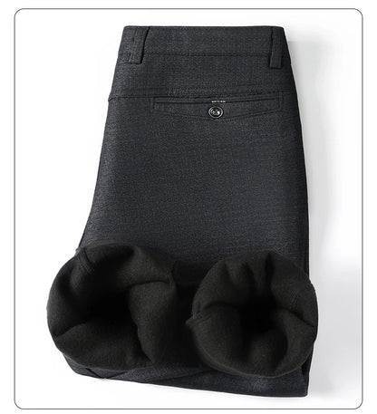 Men's Fleece Lined Suit Pants Business Casual Loose Straight Black Formal Dress Pants Navy Blue Thick Warm Trousers