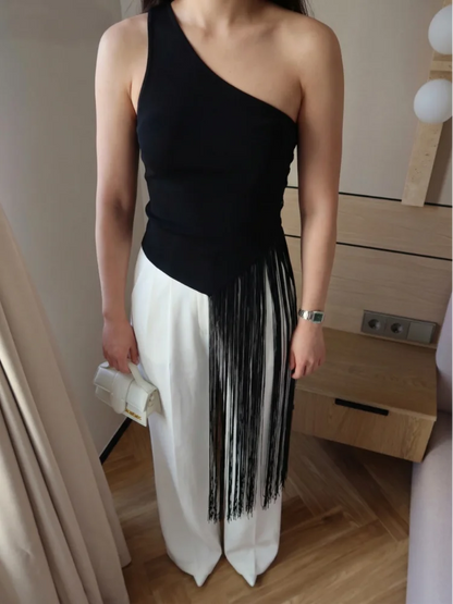 Sexy Tassel Patchwork Women Solid Top Fashion Skew-collar Backless Female Blouse 2026 Spring Summer Asymmetrical Lady Tops