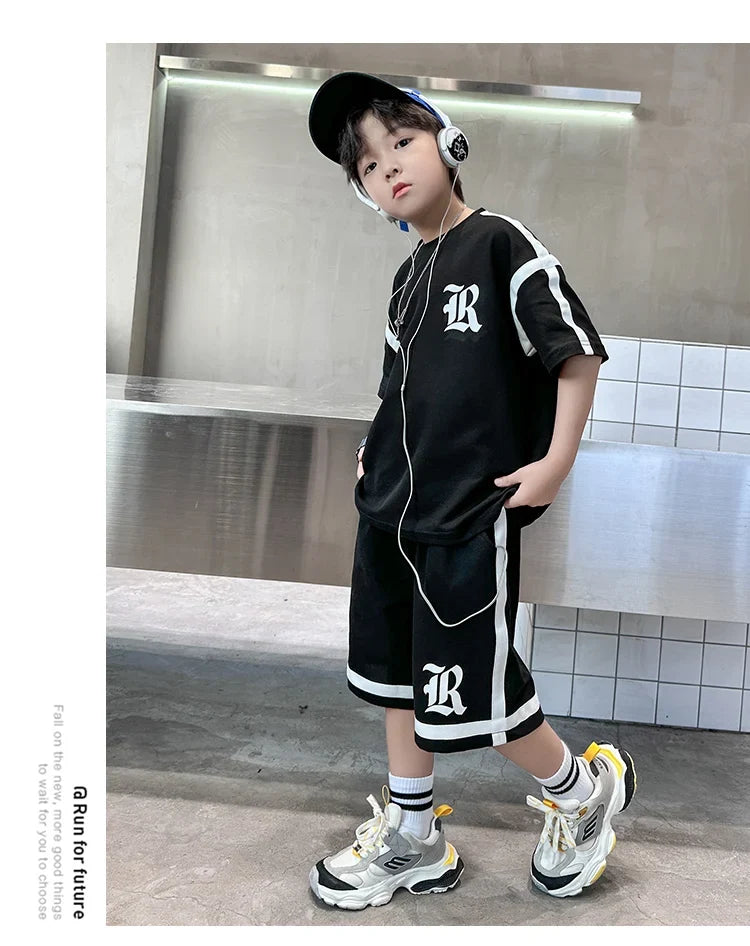 2025 Kids Summer Clothing Boys Top and Bottom Set Beige Black Color T-shirt Shorts 2PCS Tracksuit Set Teens Child Casual Outfit
