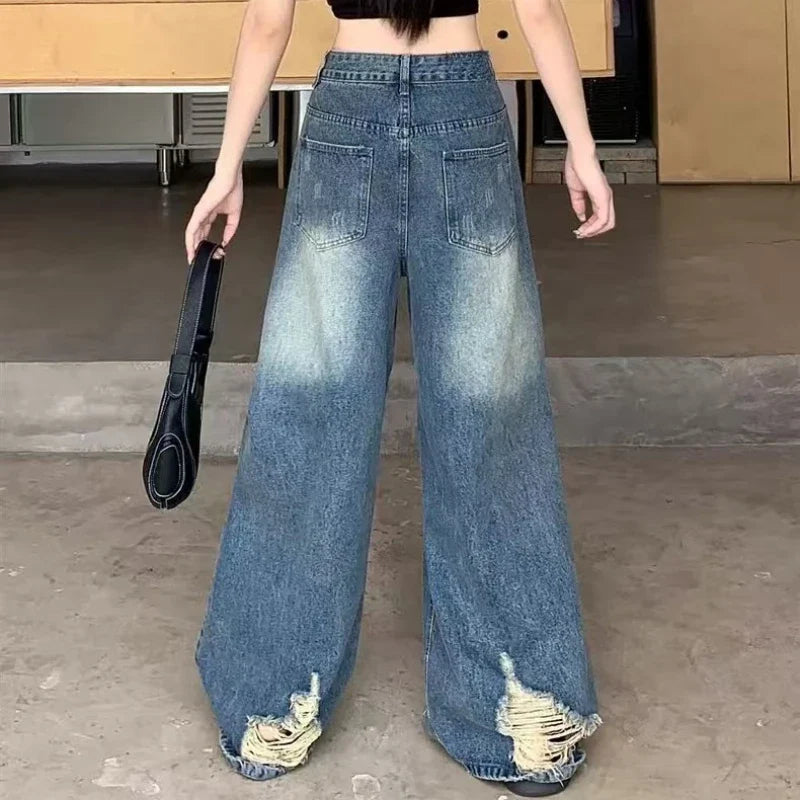 Casual Denim Pant Women Jeans Vintage Straight Trousers Autumn Spring Fashion Female Blue Wide Leg Pants Hole Jeans