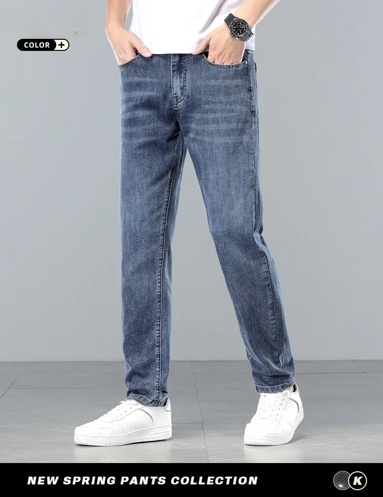 Brand Clothing Spring Summer Slim Men's Jeans Casual Breathable Cotton Fabric Stretch Denim Pants Blue Trousers Male Plus Size