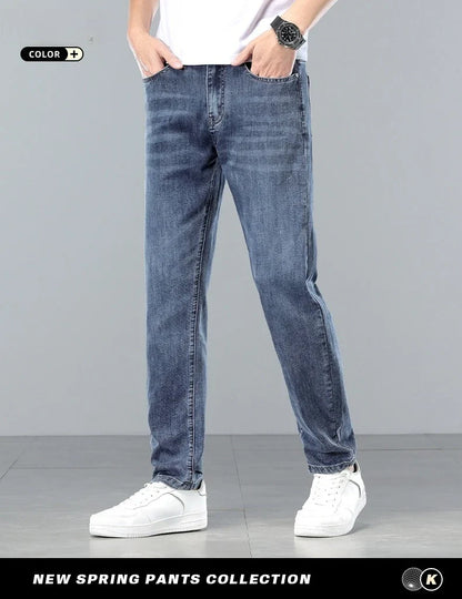  Brand Clothing Spring Summer Slim Men's Jeans Casual Breathable Cotton Fabric Stretch Denim Pants Blue Trousers Male Plus Size