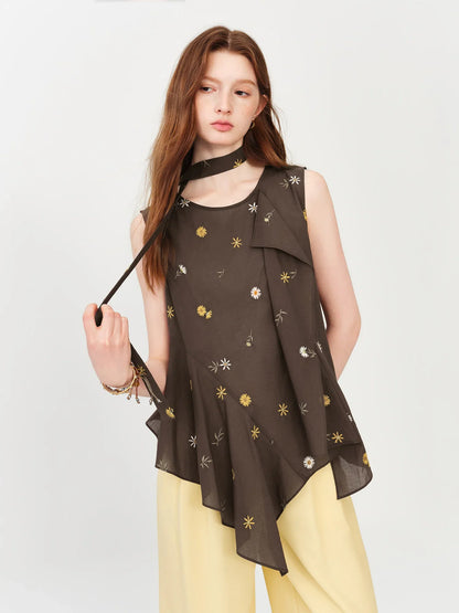 2026 Summer Women Asymmetrical Cut-out Tie-Neck Sleeveless Blouse Round Neck Top Soft Elegant Daily Layering Essential