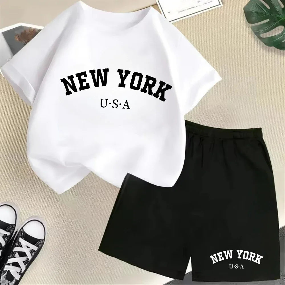 2026 New Kids Boys Girls New York Letter Pattern Cotton T-shirt+Shorts 2-Piece Set Casual Daily