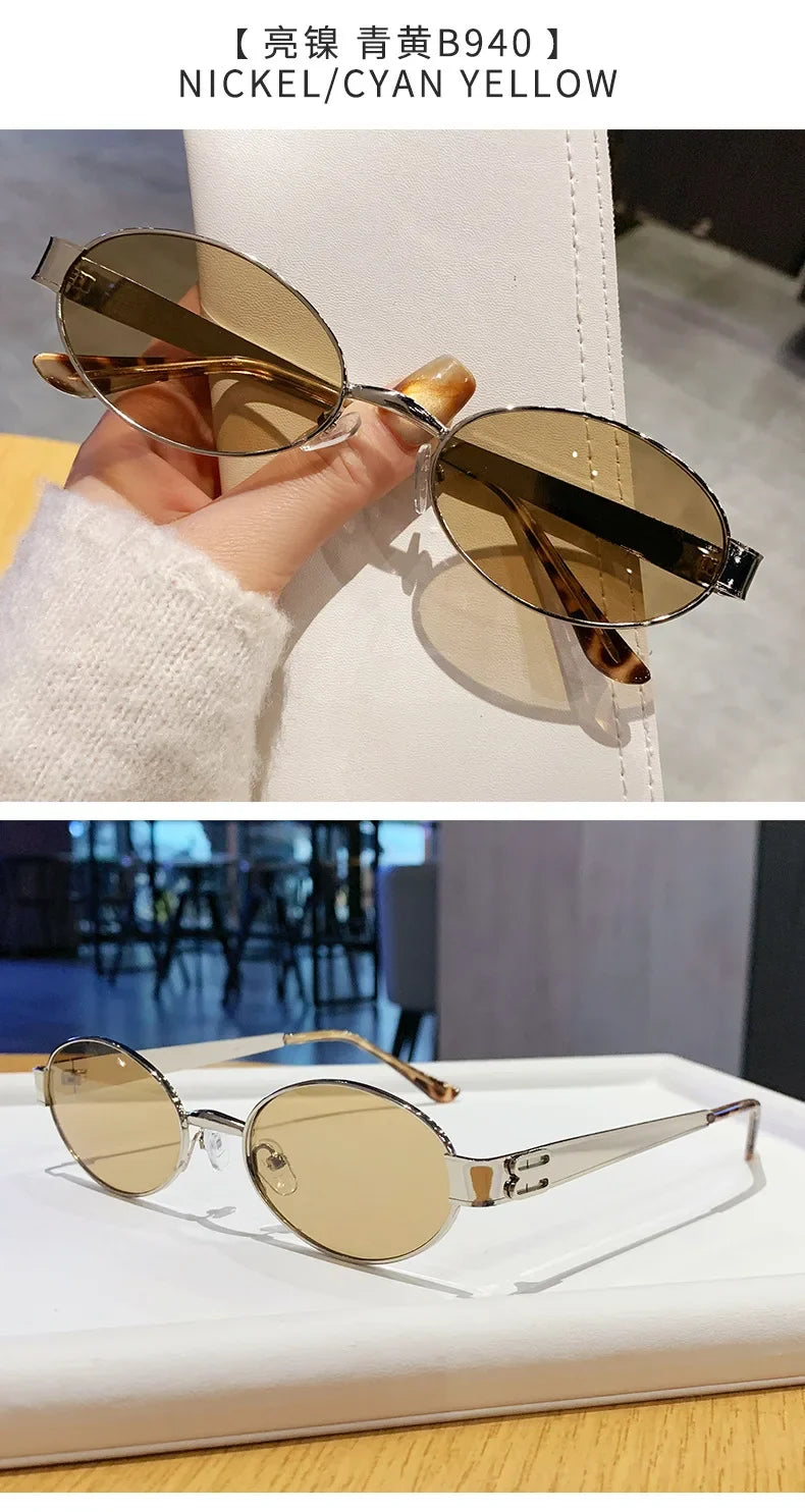 Retro Small Oval Metal Frame Women Sunglasses UV400 Thin Full Rim Men Punk Sun Glasses Vintage Shades Lentes De Sol Mujer