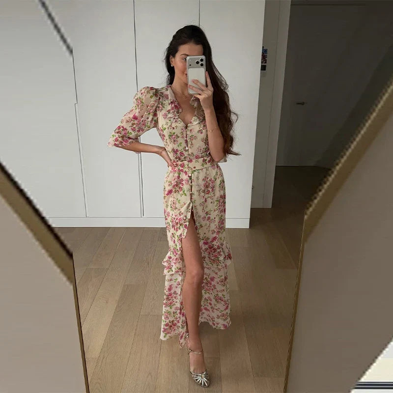 V-neck Organza Floral Chiffon Puff Sleeve Slit Long Dress Bodycon High Slit Bodycon Sexy Dresses Lady Chic Daily Sweet Date Robe