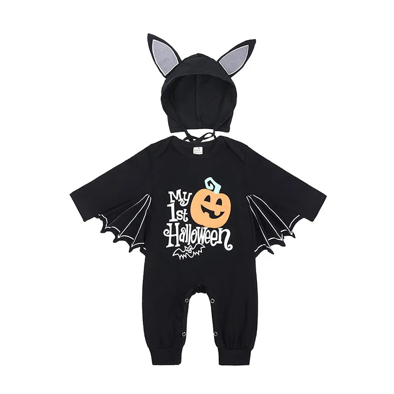 Halloween Baby Black Bat Costume Cosplay Romper Jumpsuit Infant Boys Girls Purim Party Carnival Fancy Dress Long Short Umorden