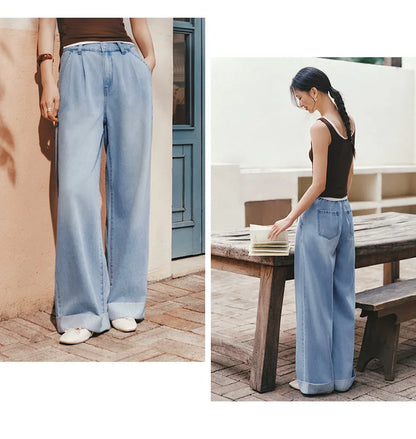 Women Jeans Soft Cool Patchwork Striped Wide Leg Denim Pants 2026 Summer Trendy Loose