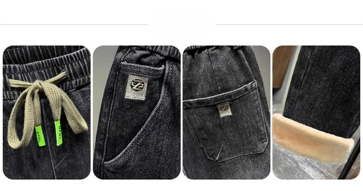 Warm Fleece Lined Elastic Waist Casual Straight Leg Men's Jeans Premium Quality Autumn Winter Thickened Stretch Denim Pants
