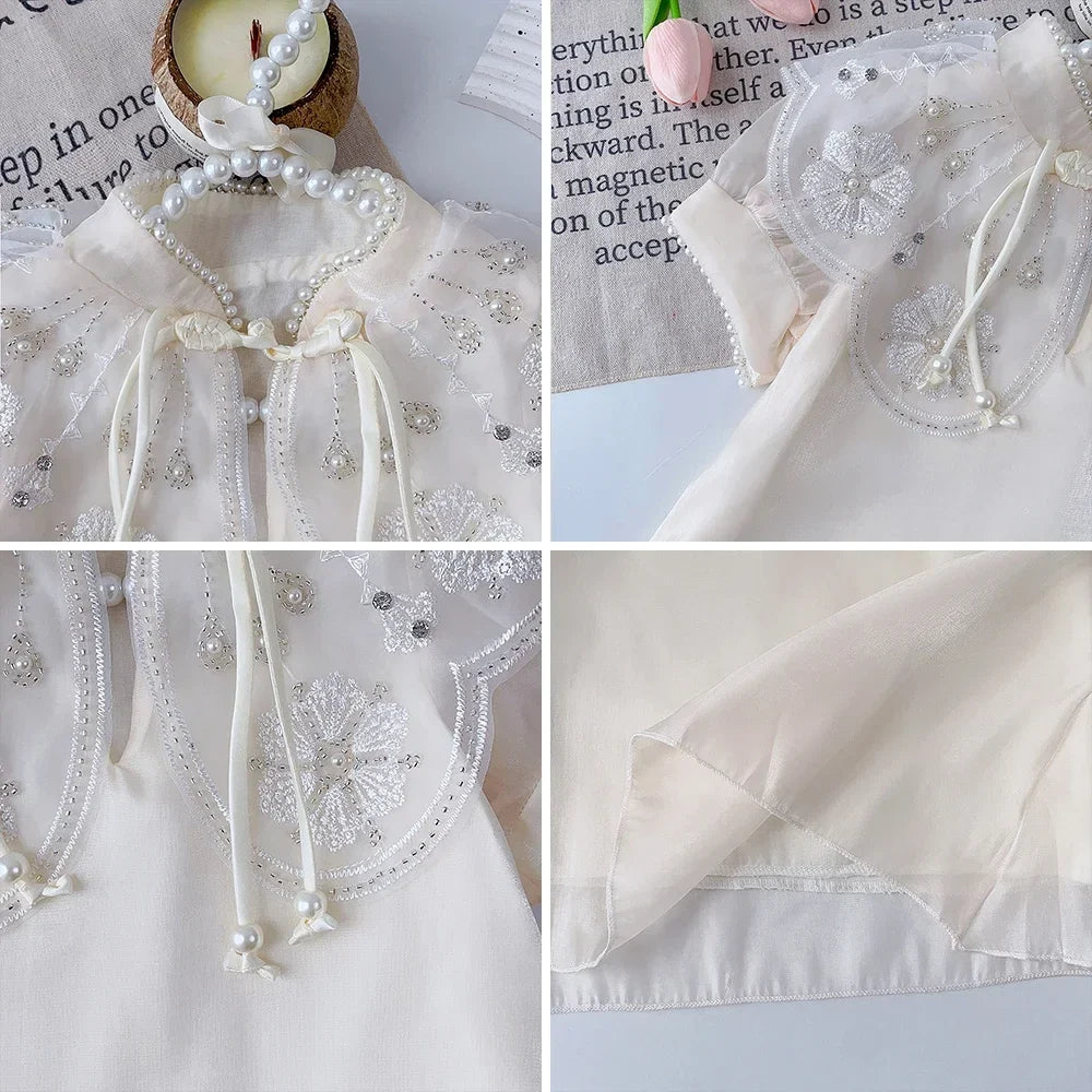 Summer New Chinese Style Elegant White Lace Flower Embroidered Short Sleeve Dress Sweet Girl's Clothes 2-7 Year Old Cheongsam