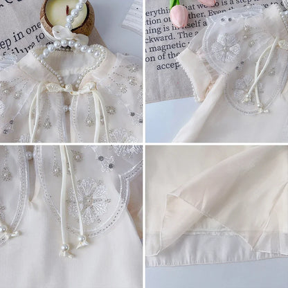 Summer New Chinese Style Elegant White Lace Flower Embroidered Short Sleeve Dress Sweet Girl's Clothes 2-7 Year Old Cheongsam