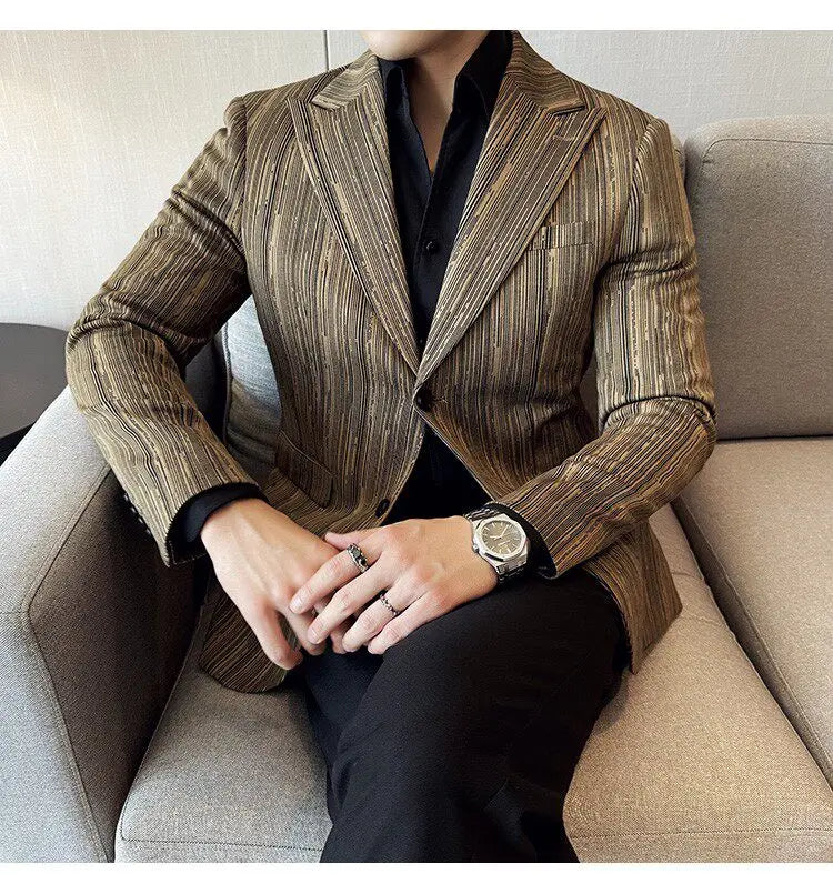 Fashion Meteor Line Checkered Elegant Suit Jacket Men Fashion De Luxe Business Slim Fit Single Breasted Social Party Dress Coats