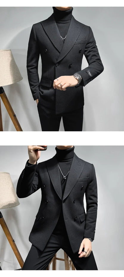 2025 Spring New Men's Waffle Double Breasted Suit Jacket High Quality Business Slim Fit Blazers Groom Social Party Dress Coats