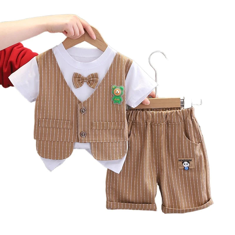 New Summer Kids Boys Clothes High Qulity Short Sleeve Gentleman Patchwork T Shirt Pants Toddler Boy Clothing Casual Outfits
