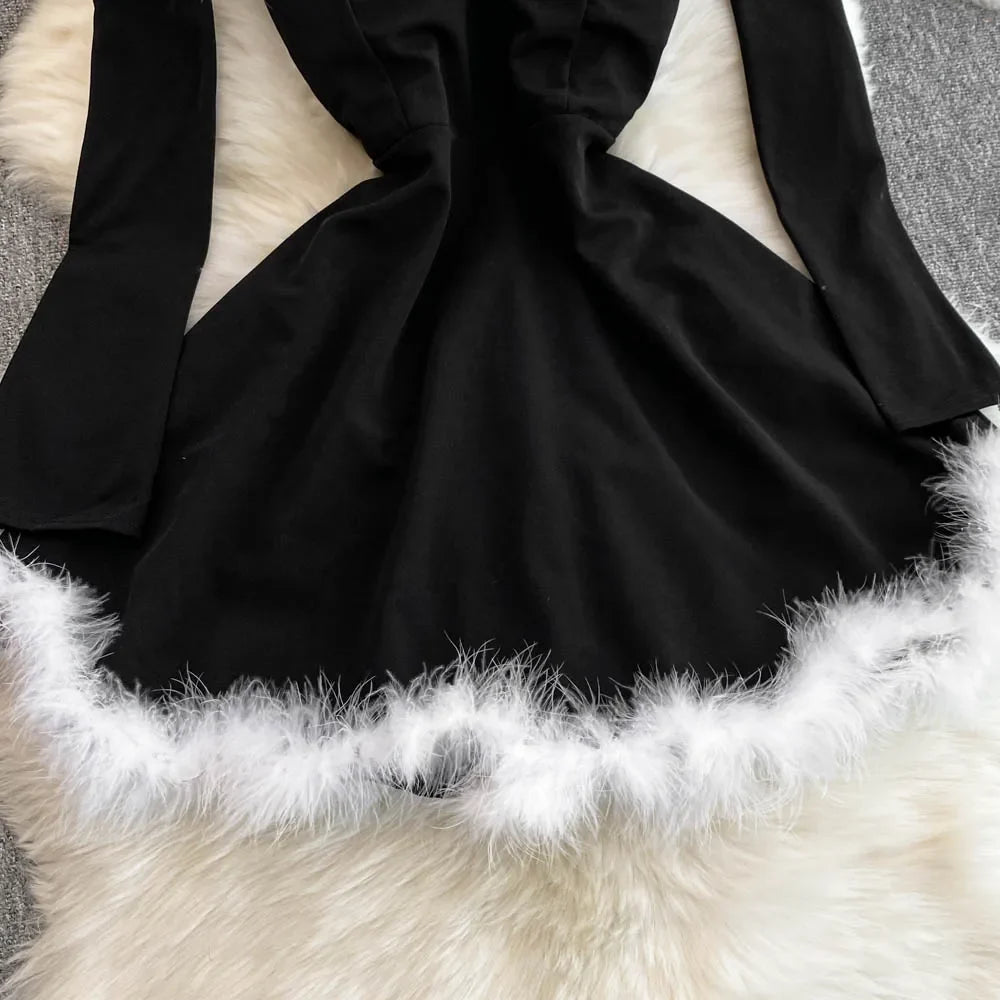Women's Christmas Dress Sexy Low-cut Waist Thin Big Pendulum Fluffy Splicing Suspender Tube Ling Dress Red
