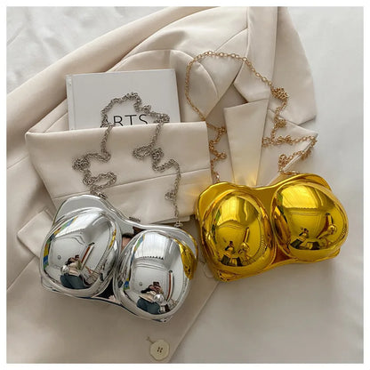 Party Purse Chest Shape PVC Bag For Women 2025 Mini Crossbody Bag Metal Chain Shoulder Bag Luxury Gold Silvery Lipstick Pouch