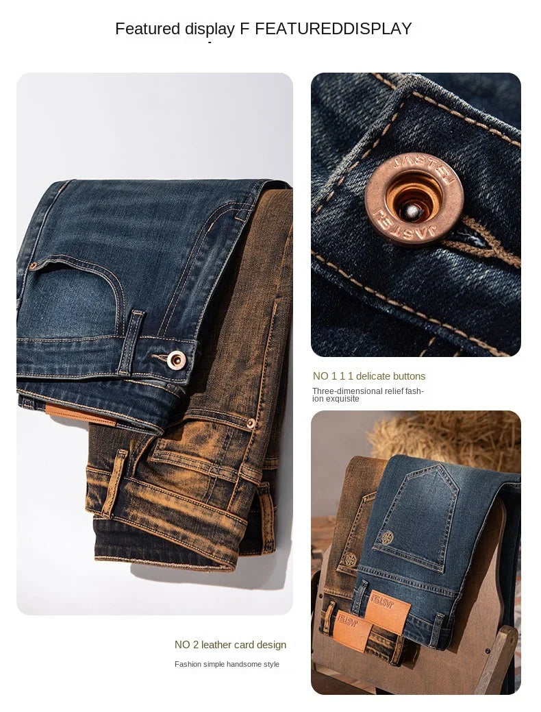 2025 New High-end High-quality Denim Double-core Cotton Elastic Jeans Retro Nostalgic Men's Straight-fit Trousers