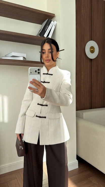 Women's Spring Summer Mandarin Collar Frog Button Tweed Fitted Blazer Elegant Casual Office Wear 2026 Trendy Fashion Blazer