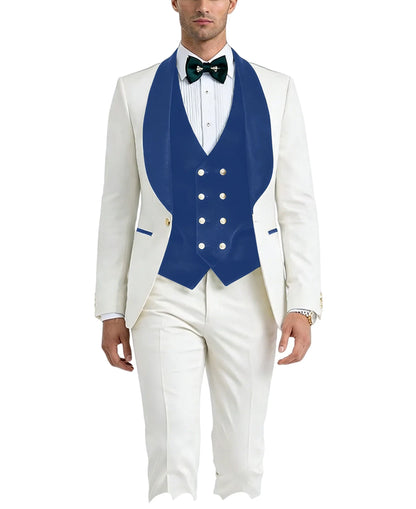 Men White Tuxedo Suit 3 Piece Shawl Lapel Slim Fit 1 Button Velvet Collar Patched Blazer Vest Pants Set for Wedding Party Groom