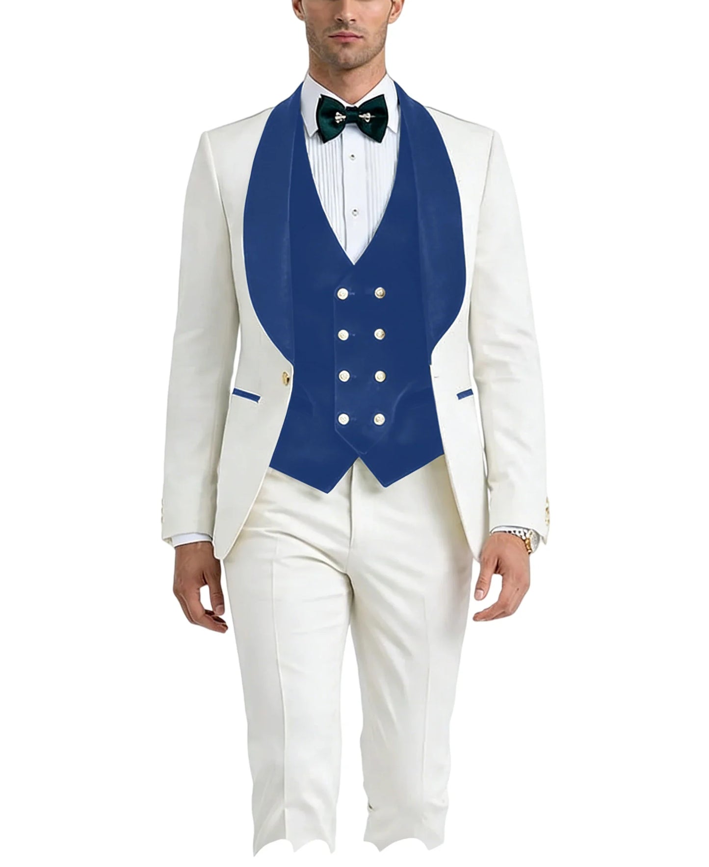 Men White Tuxedo Suit 3 Piece Shawl Lapel Slim Fit 1 Button Velvet Collar Patched Blazer Vest Pants Set for Wedding Party Groom