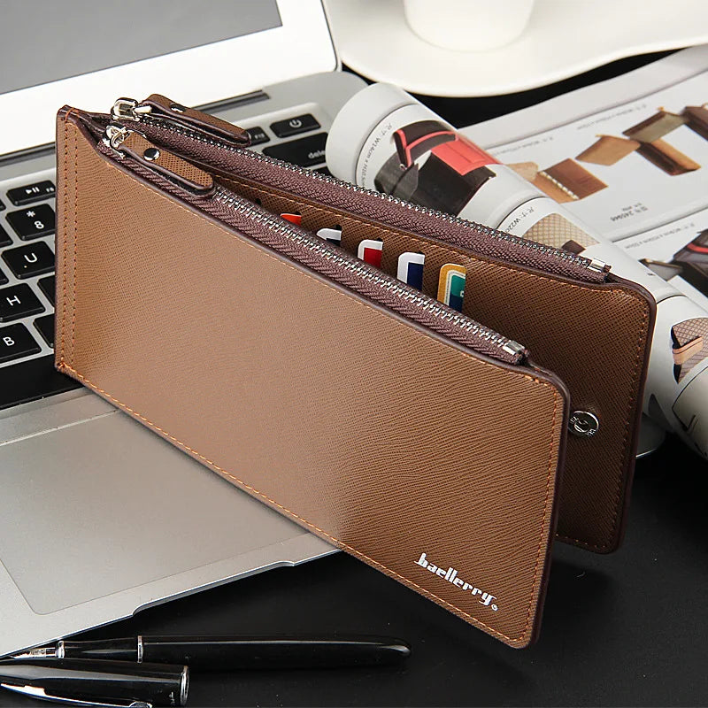 Long Wallet Credit Card Holder Men's Leather PU Wallets with Coin Purse Phone Pocket Double Zipper for Male