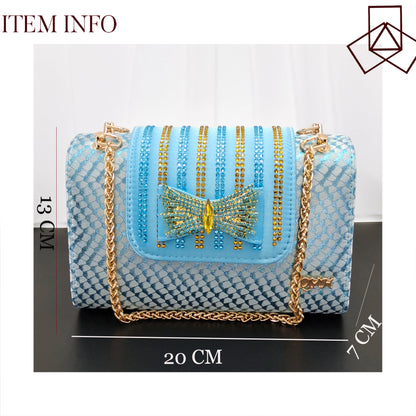 Hot Selling Sky Blue Color Party Peep Toe High Heels and Handbag  Set With Striped and Rhinestone Decoration Design