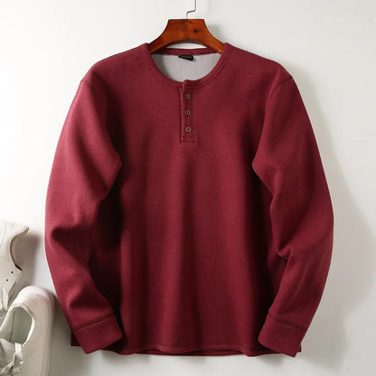 Men's Fleece - Lined Thickened Long - Sleeved Henley Neck Waffle Knit T - Shirt