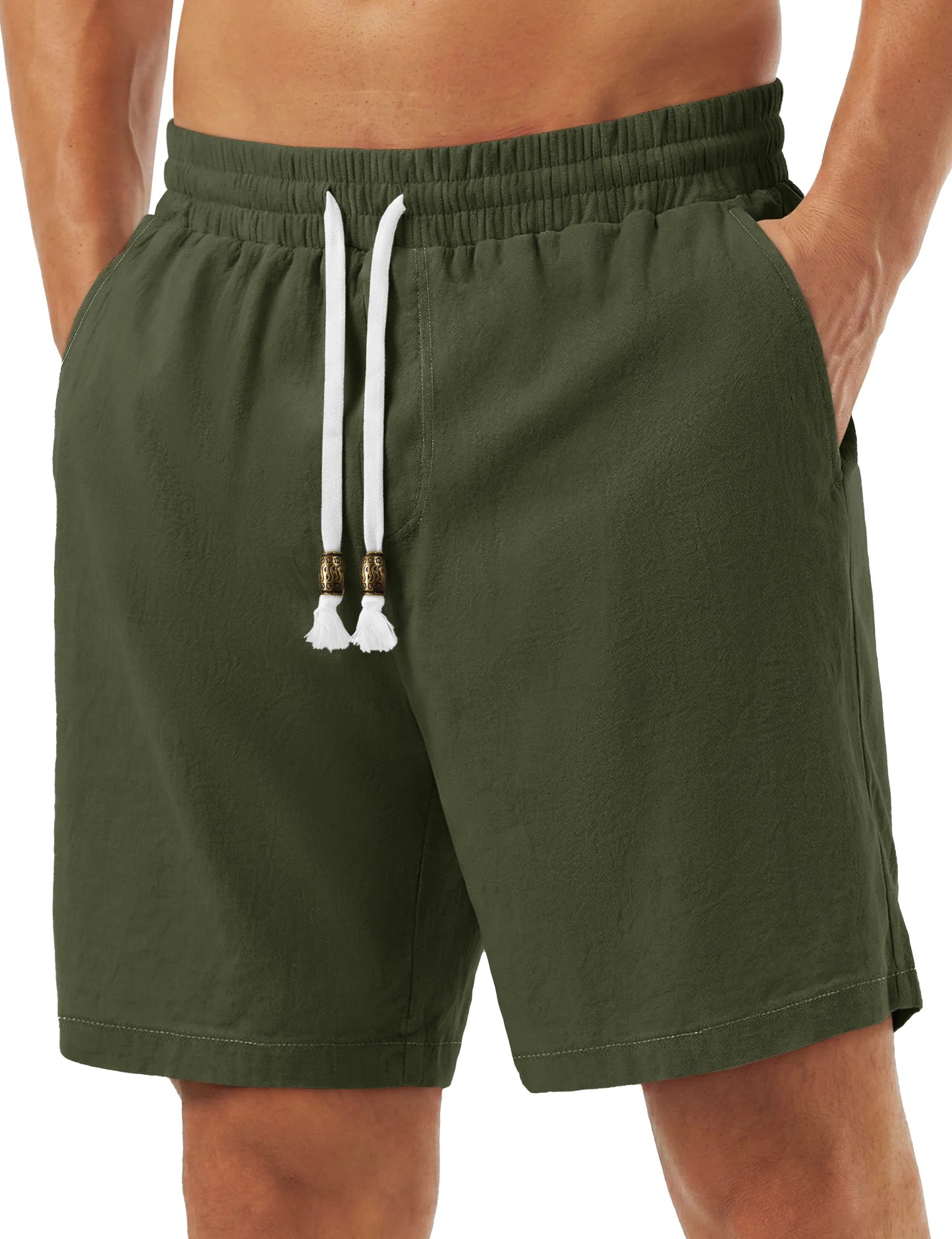 Men's Cotton Casual Shorts Loose Summer Beach Vacation Short Solid Pants with Deep Pockets Elastic Waist 7 Inch Inseam