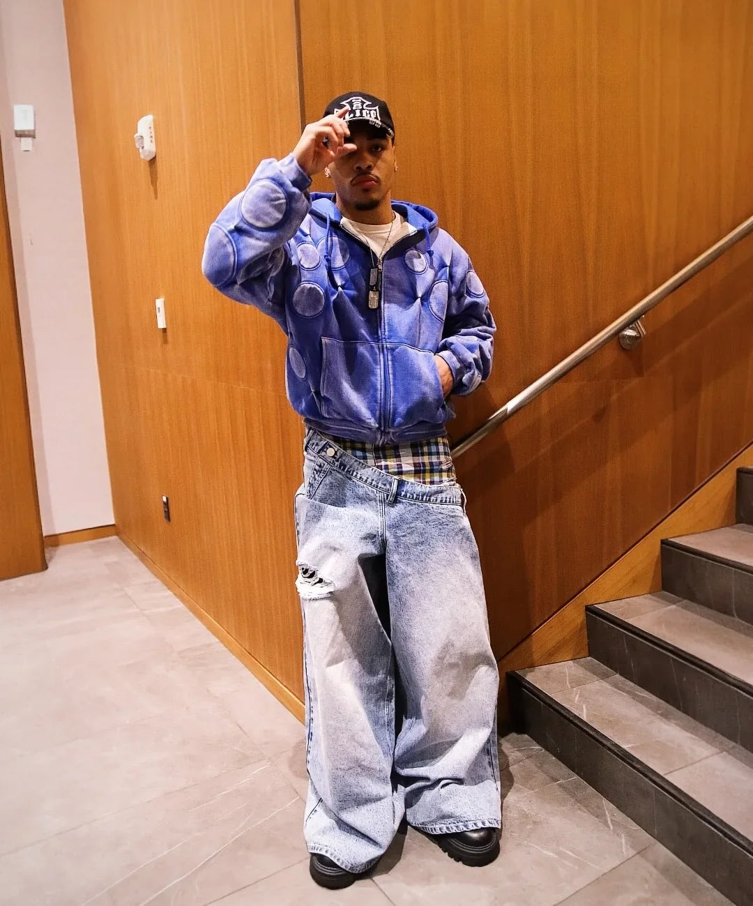 Y2k Slanted Runway Baggy Jeans Retro Plaid Patchwork Men Women Wide Leg Pants American Hip Hop Streetwear Unisex Casual Jeans
