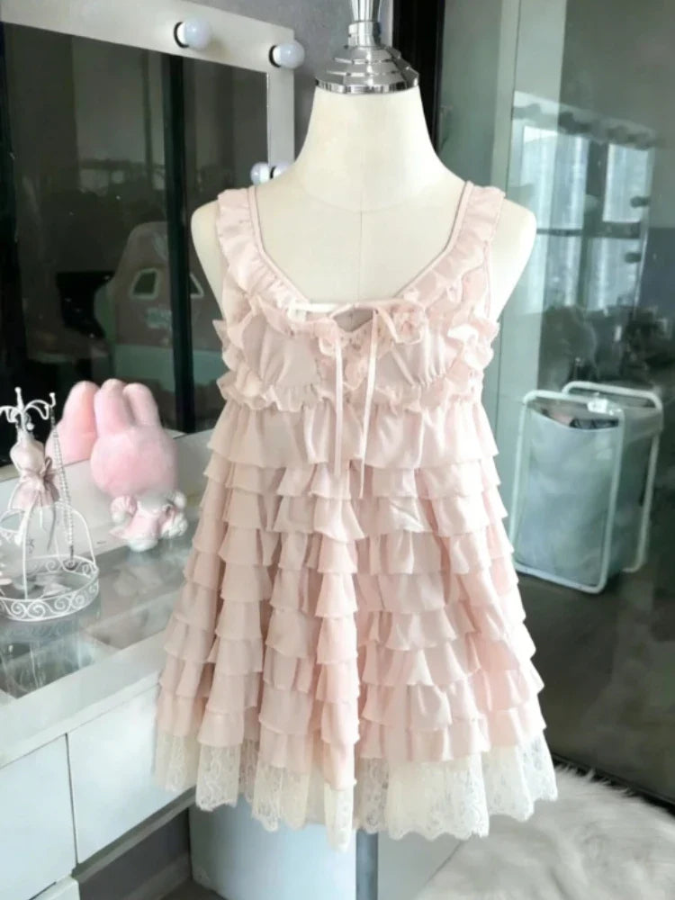 French Style Sweet Cute Polka Dot Splicing Dress Lace Bow Korean Fashion Dresses New Design Slim Waist Lady Y2k Mini Dress