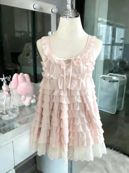 French Style Sweet Cute Polka Dot Splicing Dress Lace Bow Korean Fashion Dresses New Design Slim Waist Lady Y2k Mini Dress