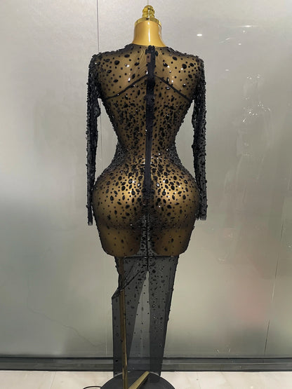 Sexy Shinny Rhinestone Stretch Mesh Transparent Long Dress 2025New Women Evening Birthday Party Prom Nightclub Singer Stage Wear