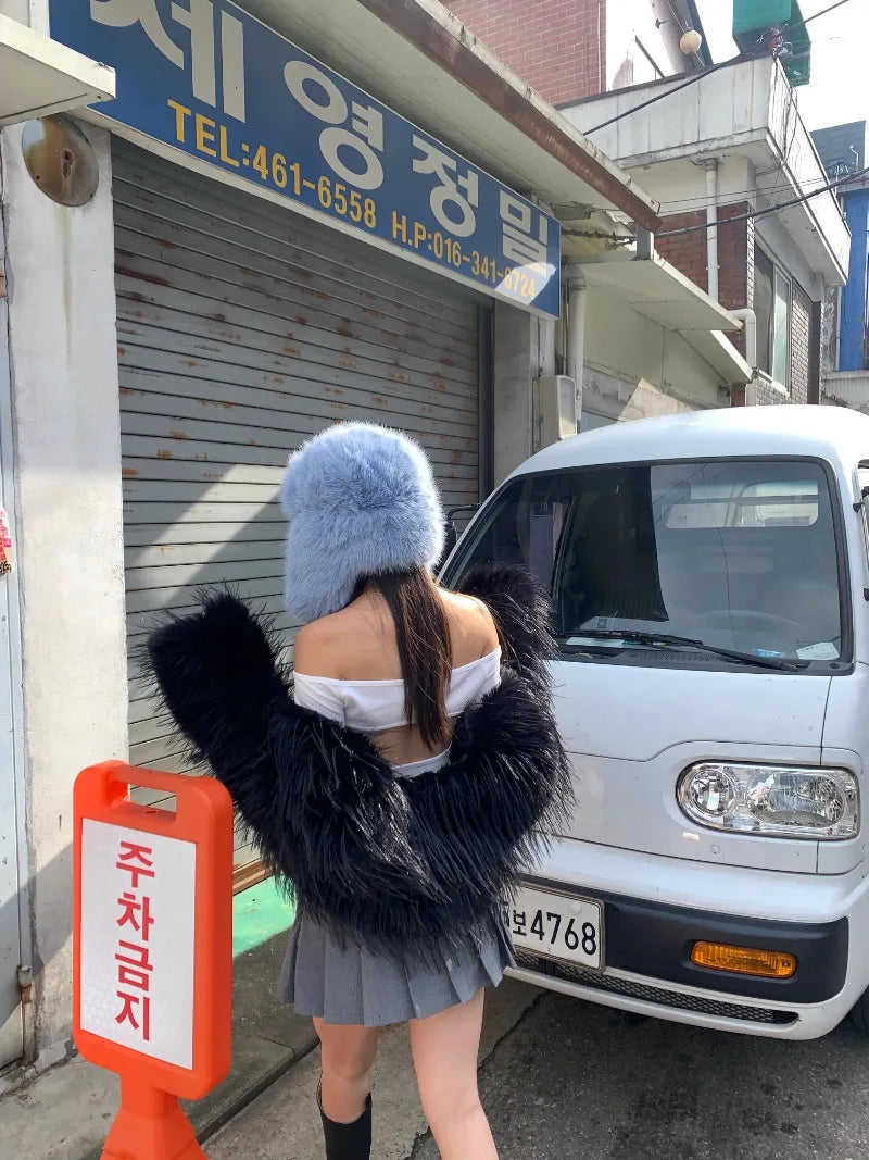 Korean Ins Imitation Mink Plush Hat Winter Women Ear Protection Bomber Hats Fashion Warm Fluffy Faux Fur Ski Beanies Y2k Gift