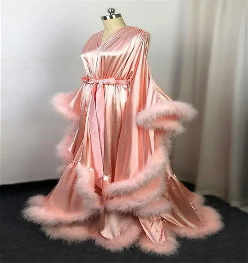 Feather Satin Women Prom Dress Sexy V Neck Full Sleeves Satin Wedding Sleepwear Evening Gown Customized Formal Bridal Robe