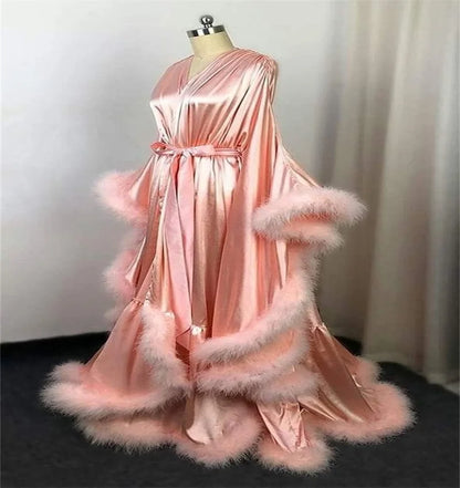Feather Satin Women Prom Dress Sexy V Neck Full Sleeves Satin Wedding Sleepwear Evening Gown Customized Formal Bridal Robe