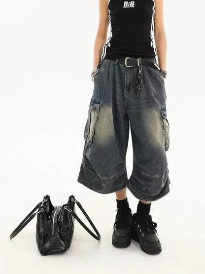 High Waist  Retro Blue Washed Denim Shorts Women's Harajuku Vintage Fashion Casual Loose Y2K Streetwear Wide Leg Cropped Pants