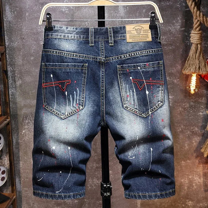 Vintage Short Jeans Men 2024 Summer New Ripped Hip Hop Graffiti Male Denim Shorts Streetwear Hole Knee Length Pants