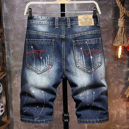 Vintage Short Jeans Men 2024 Summer New Ripped Hip Hop Graffiti Male Denim Shorts Streetwear Hole Knee Length Pants
