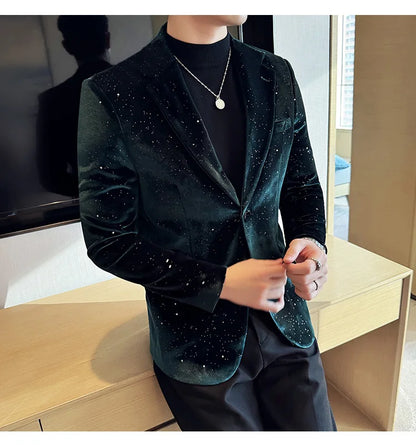 High Quality Velvet Bronzing Suit Coats Mens Sparkle Elegant Slim Business Suits Jacket Homme Formal Social Prom Party Tuxedos