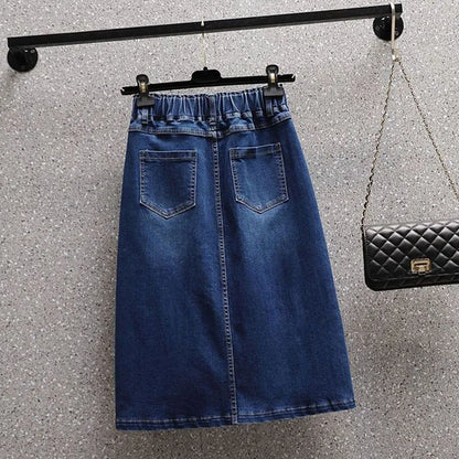 Summer New Women Elastic Waist Denim Skirts Korean Style Elegant Oversized High Waist Slit Skirts Mid Length Ladies Skirts
