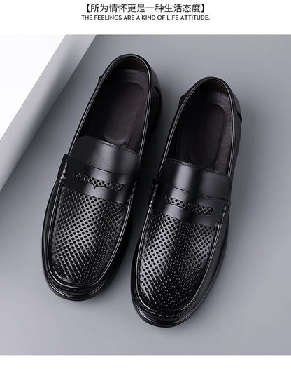 2026 Summer New Men's Breathable Leather Loafers Slip-On Hollow Out Casual Business Casual Shoes for Man Flat Driving Shoes Male