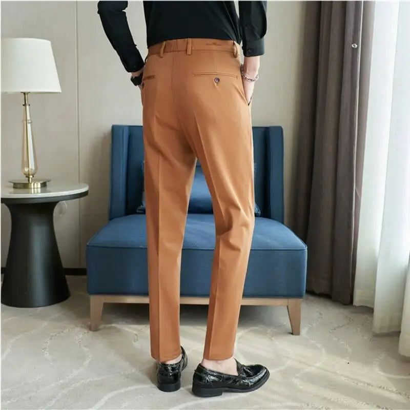 Autumn Mens Fashion Embroidered Trousers Korean Business Dress Solid Suit Pant Formal Office Social Slim Fit Casual Suit Pants