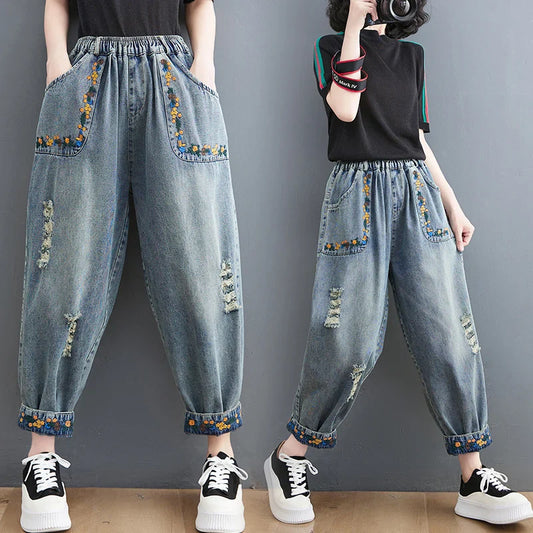 Summer New Sle Artistic Retro Embroidered Hole Denim Jeans Women's Slimming Versatile Elastic Waist Loose Harlan Dad Pants